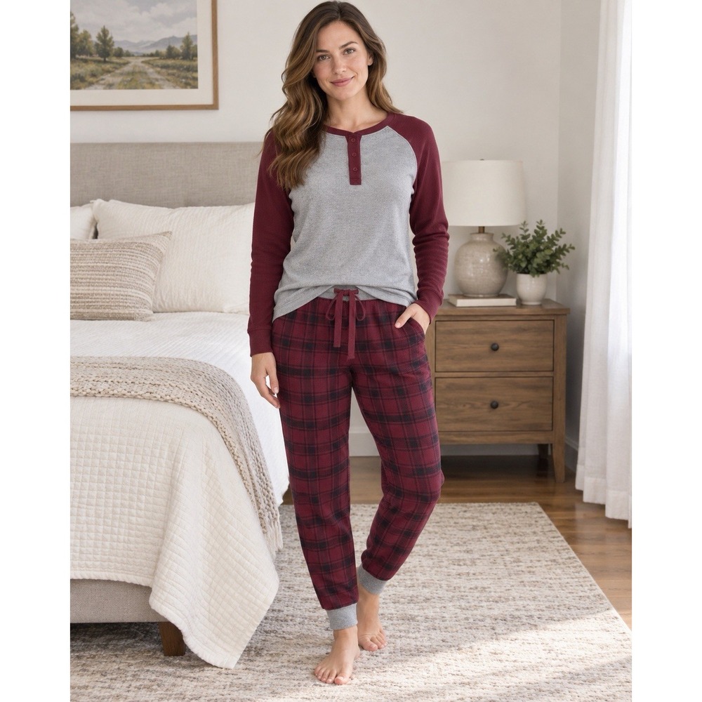 Brooks Brothers Women's M Pajama Set Thermal Henley Plaid Jogger Pants Lounge